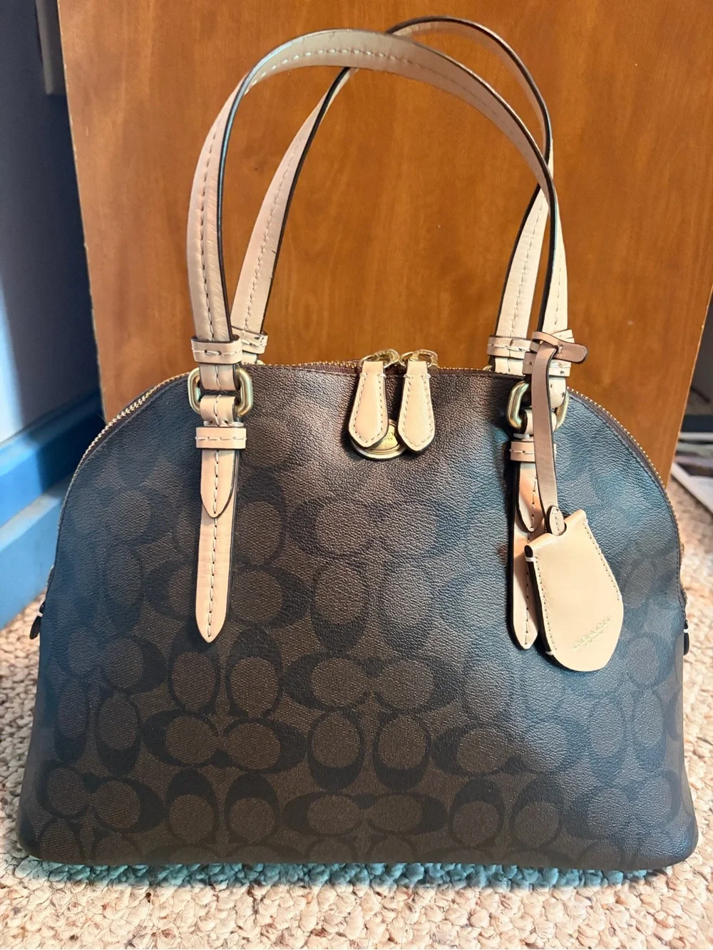 Coach Brown Signature Dome Satchel with Tan Trim and Handles
